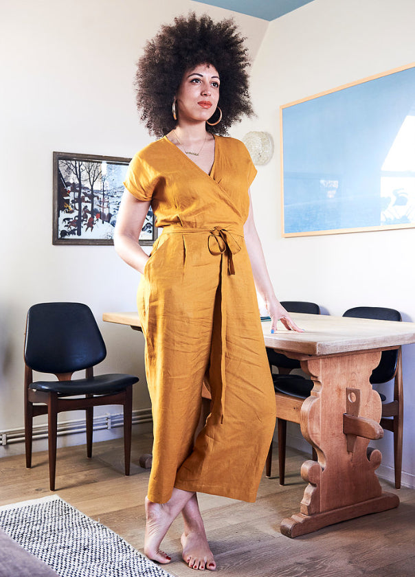 Women wearing the Zadie Jumpsuit sewing pattern from Paper Theory Patterns on The Fold Line. A jumpsuit pattern made in cotton, linen, lightweight denim, crepe, satin or viscose twill fabrics, featuring a relaxed fit, sleeveless with a dropped shoulder, w