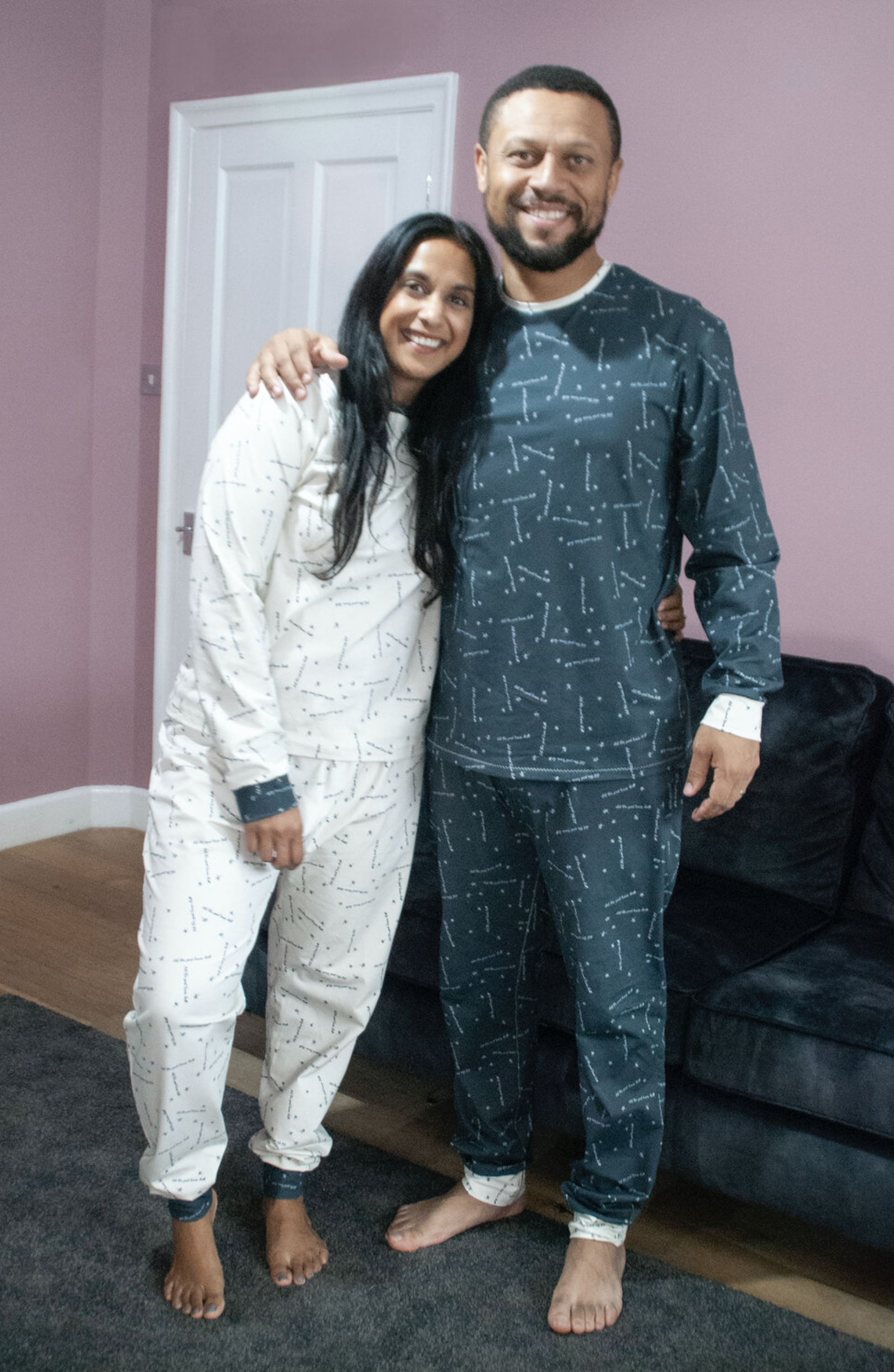 Man and Woman wearing the Men’s Pops Perri PJs sewing pattern from Pattern Paper Scissors on The Fold Line. A pyjamas pattern made in jersey or viscose jersey fabrics, featuring a round neck top with full length sleeve and cuff, trousers have full length 