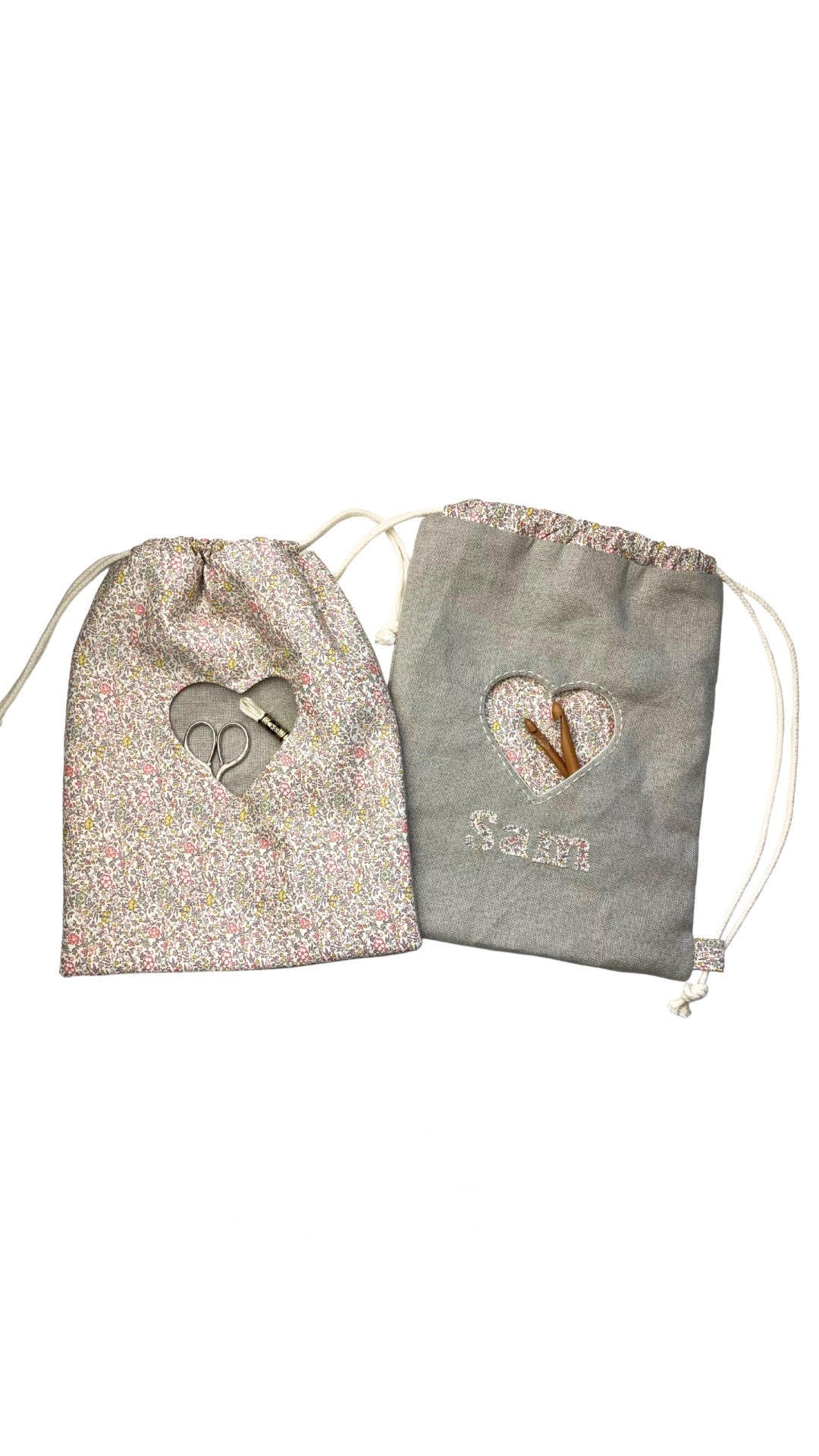 Photo showing the Philo Bag and Mini Backpack sewing pattern from Lasenby on The Fold Line. A drawstring and backpack bag pattern made in canvas, linen, quilting cotton, twill, duck, denim, thin tweed, and Tana lawn fabrics, featuring a front heart-shaped