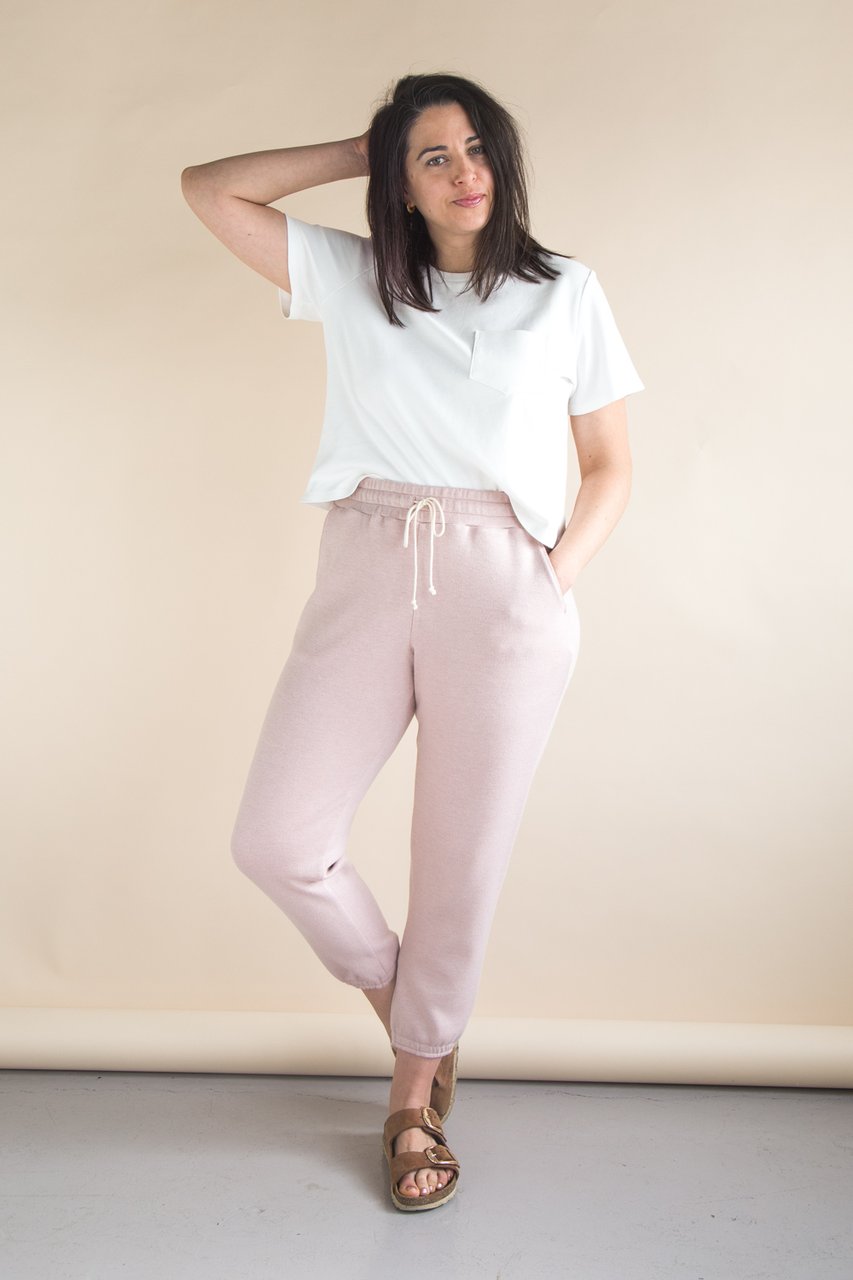 Woman wearing the Plateau Joggers sewing pattern by Closet Core Patterns. A joggers pattern made in cotton fleece, polar fleece, French terry, ponte, and double knits with at least 15% crosswise stretch, featuring a high rise, elastic waist and draw strin