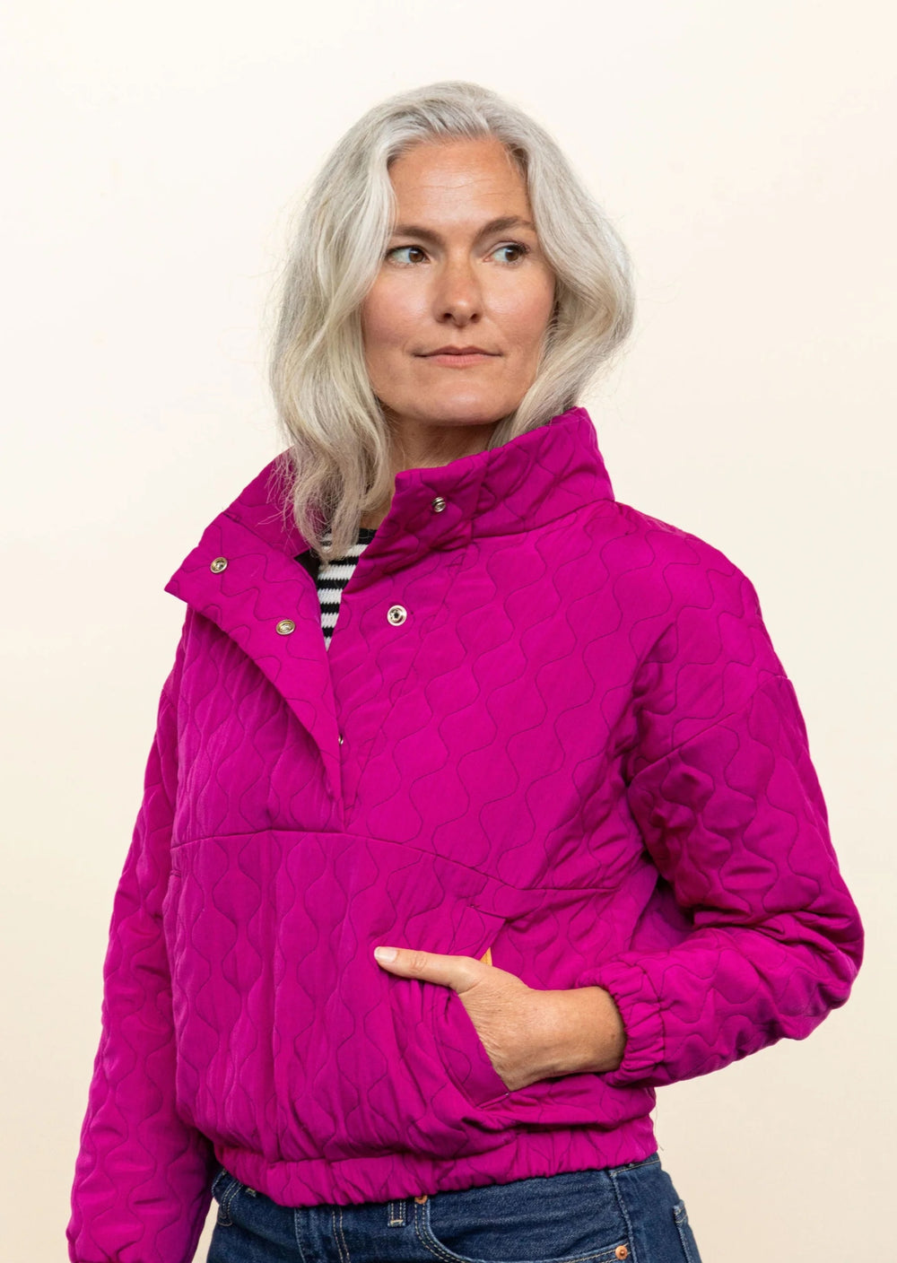 Women wearing the Pogonip Pullover sewing pattern from Friday Pattern Company on The Fold Line. A pullover pattern made in French terry, velour, corduroy, linen, denim, and pre-quilted fabrics, featuring welt pockets, sport collar, snap half placket closu