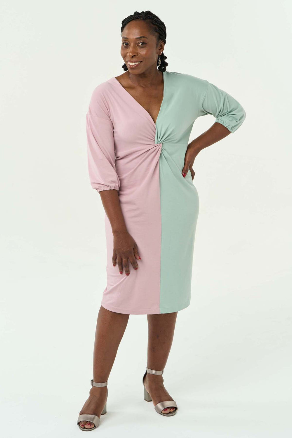 Women wearing the Portia Dress sewing pattern from Sew Over It on The Fold Line. A knit dress pattern made in viscose jersey, bamboo jersey or lightweight cotton jersey fabrics, featuring a fitted silhouette, V-neck, colour blocked, just below knee length