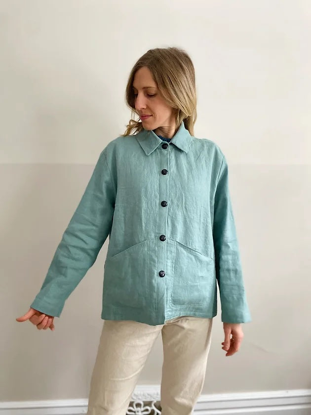 Woman wearing the Portmanteau Shacket sewing pattern from French Navy on The Fold Line. A shacket pattern made in flannel, linen, chambray, denim, corduroy, wool, or wool blends fabrics, featuring a relaxed boxy fit, slightly dropped shoulders, two-piece 