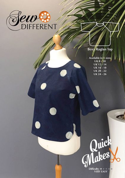 Photo showing the Boxy Raglan Top sewing pattern from Sew Different on The Fold Line. A top pattern made in cotton, linen, lawn, viscose or crepe fabrics, featuring a round neck, boxy silhouette and elbow length sleeves.