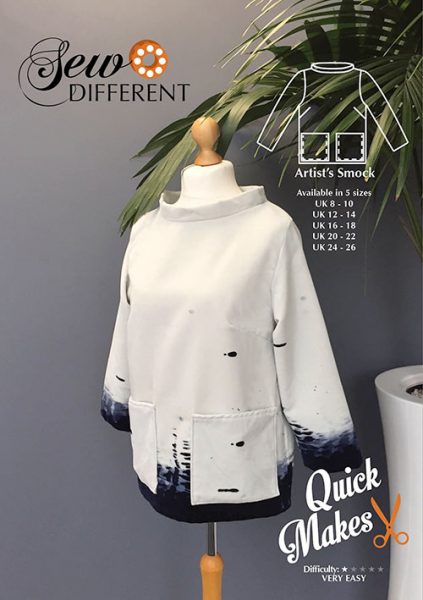 Photo showing the Artist's Smock sewing pattern from Sew Different on The Fold Line. A top pattern made in cotton, linen, denim or corduroy fabrics, featuring a stand collar, loose fit, inset three-quarter length sleeves, oversize patch pockets and bust d