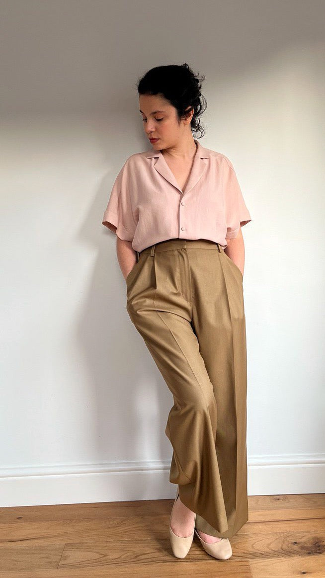 Woman wearing the Rosie Shirt sewing pattern from Bella Loves Patterns on The Fold Line. A shirt pattern made in tencel, silk, viscose, rayon challis, linen viscose blends and tencel blend fabrics, featuring an oversized silhouette, v-neckline, notched co
