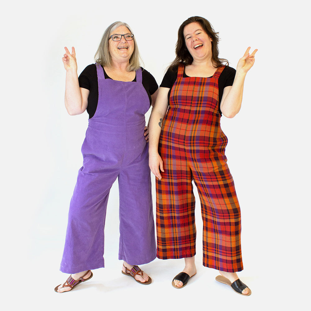 Women wearing the Ruby Overalls sewing pattern from Helen's Closet on The Fold Line. A dungarees pattern made in linen, cotton, denim, hemp, canvas, rayon/viscose or Tencel fabrics featuring an elasticated back waist, cropped length, shoulder straps, fron