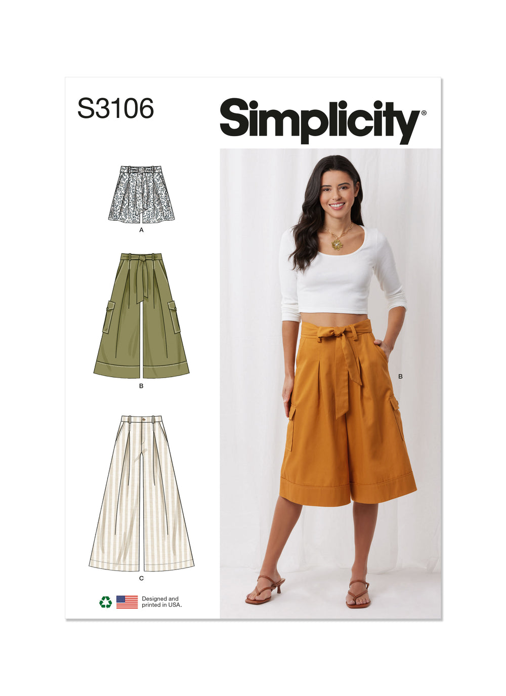 Simplicity Shorts and Trousers with Tie Belt S3106