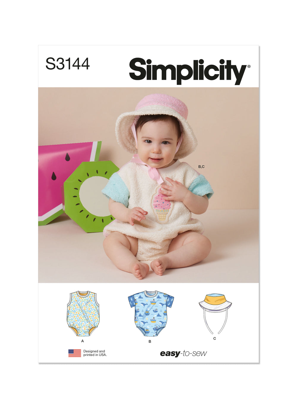 Simplicity Babies' Contrast Bodysuit and Bucket Hat S3144