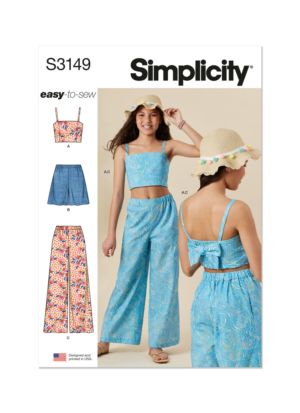 Simplicity Girls' Top, Shorts and Trousers S3149