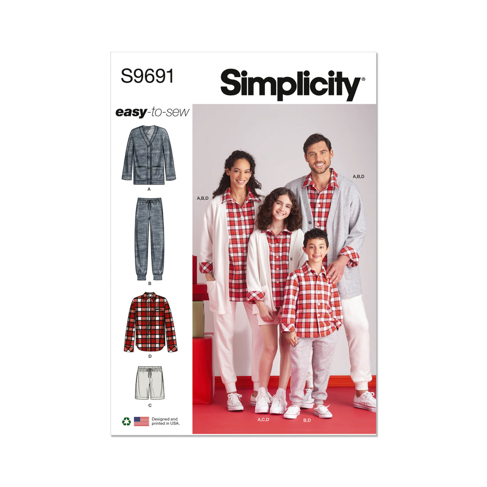 Simplicity Unisex/Child Lounge Shirt, Cardigan, Shorts and Joggers S9691