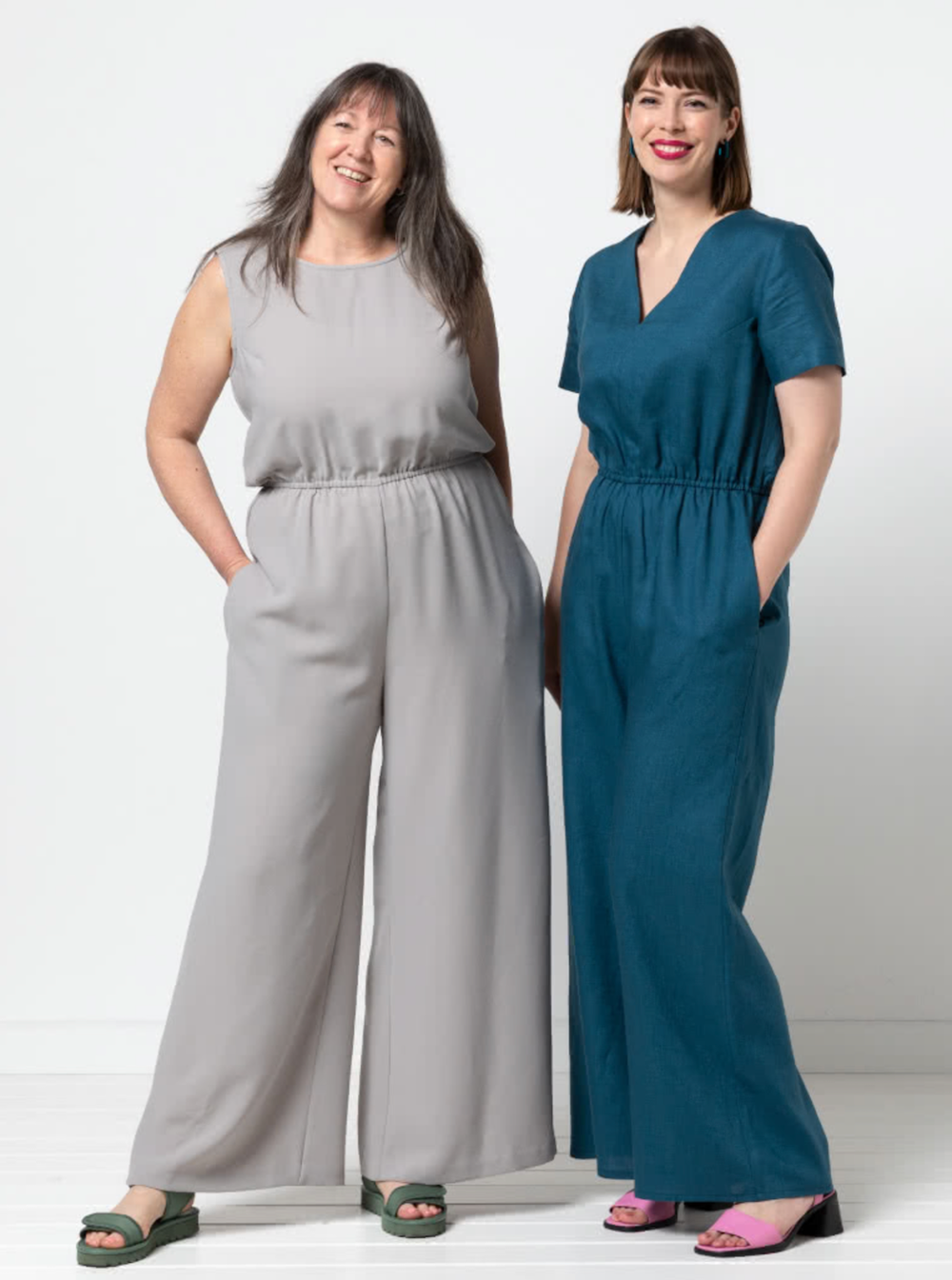 Women wearing the Shannon Jumpsuit sewing pattern from Style Arc on The Fold Line. A jumpsuit pattern made in crepe, washed linen, or ponte knit fabrics, featuring a wide-leg, elastic waist, side pockets, sleeveless or short sleeves, round or V-neck, smal