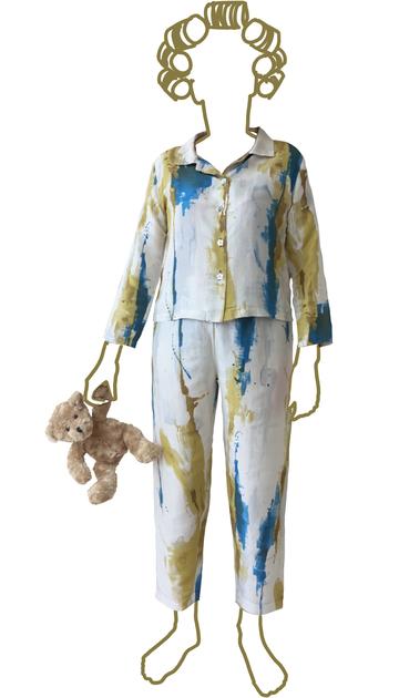 Image showing the Whitechapel Pyjamas sewing pattern by Alice and Co Patterns. A pyjama pattern made in cotton shirting, cotton sateen, soft brushed cotton or silk fabrics, featuring a boxy style shirt with a button front and trousers that are comfy but n