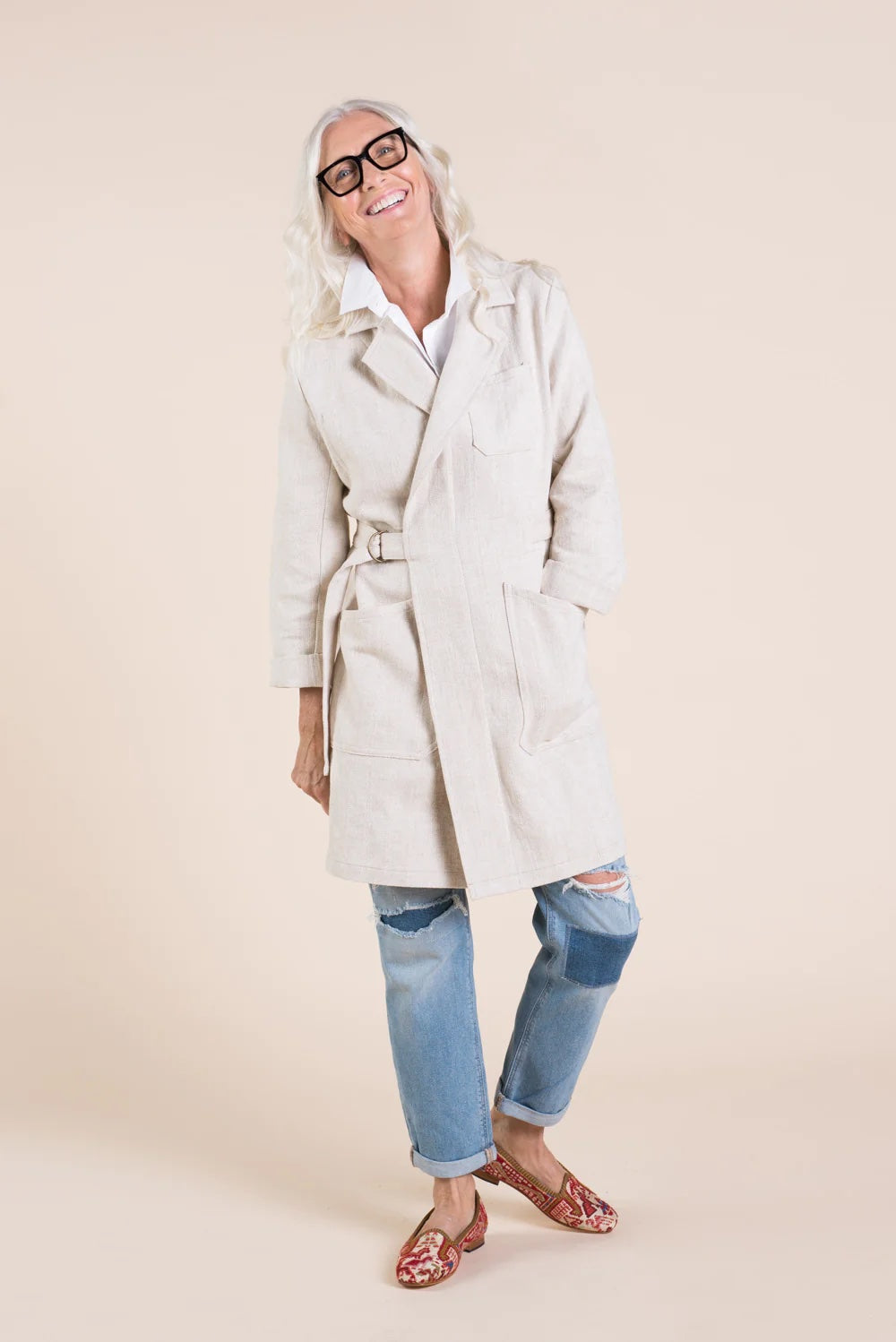 Woman wearing the Sienna Maker Jacket sewing pattern by Closet Core Patterns. A chic utility jacket pattern made in denim, twill, canvas or heavyweight linen fabric featuring slightly dropped shoulders, a crisp notch collar, deep front pockets, and a wais