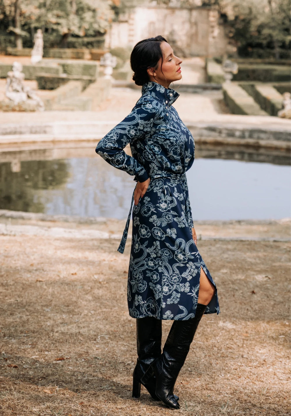 Woman wearing the Soliflore Dress sewing pattern from Maison Fauve on The Fold Line. A dress pattern made in fine poplin, twill, crepe, fine jacquard, fine and supple denim, cotton, viscose, or silk fabrics, featuring a straight cut, self-fabric belt, sli