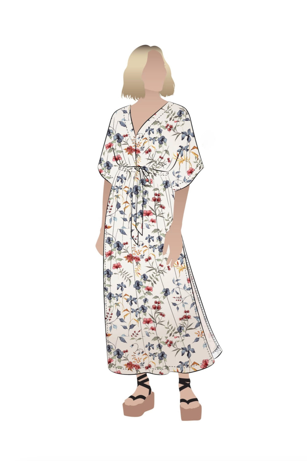 Illustration of a woman wearing the Summer Coverup sewing pattern from Style Arc on The Fold Line. A caftan style dress pattern made in silk, rayon, or any soft woven fabric, featuring a V neck, extended shoulder line, wide floaty sleeves, a drawstring un
