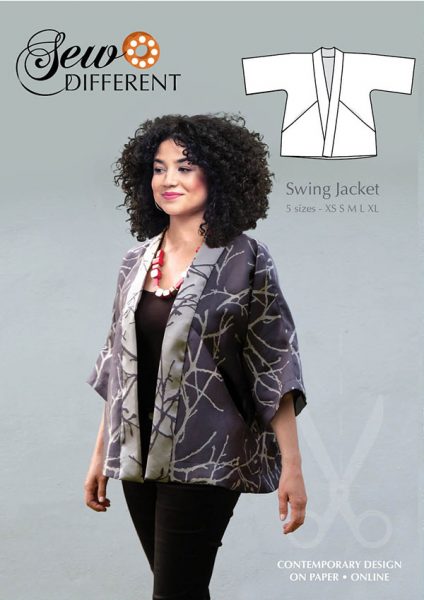 Woman wearing the Swing Jacket sewing pattern from Sew Different on The Fold Line. A jacket pattern made in linen, cotton, velvet, viscose, lightweight wool, chambray, denim, double knit, tweed or silk fabrics, featuring a relaxed fit, no fastening, large