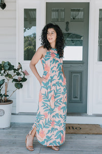 Woman wearing the Sycamore Lane Dress sewing pattern from Sew To Grow on The Fold Line. A dress pattern made in rayon, lawn, Tencel, cupro, chambray, gauze, or voile fabrics, featuring a maxi length, side splits, sleeveless, fitted at waist with darts, si