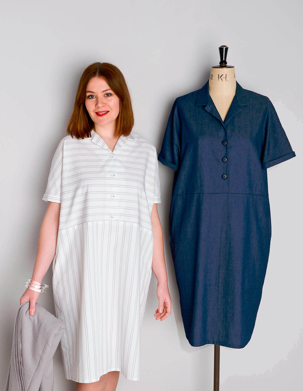 Woman wearing the Flip Collar Shirt Dress sewing pattern from The Maker's Atelier on The Fold Line. A dress pattern made in lightweight shirting fabrics, cotton voiles, Tana lawn and fine linen fabrics, featuring a pull-on style, oversized fit, knee lengt