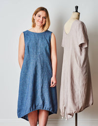 Woman wearing the Sun Dress sewing pattern from The Maker's Atelier on The Fold Line. A dress pattern made in linens, cottons, silks and viscose mix fabrics, featuring a relaxed fit, scoop back neck, curved hem with drawstring detail, with or without slee