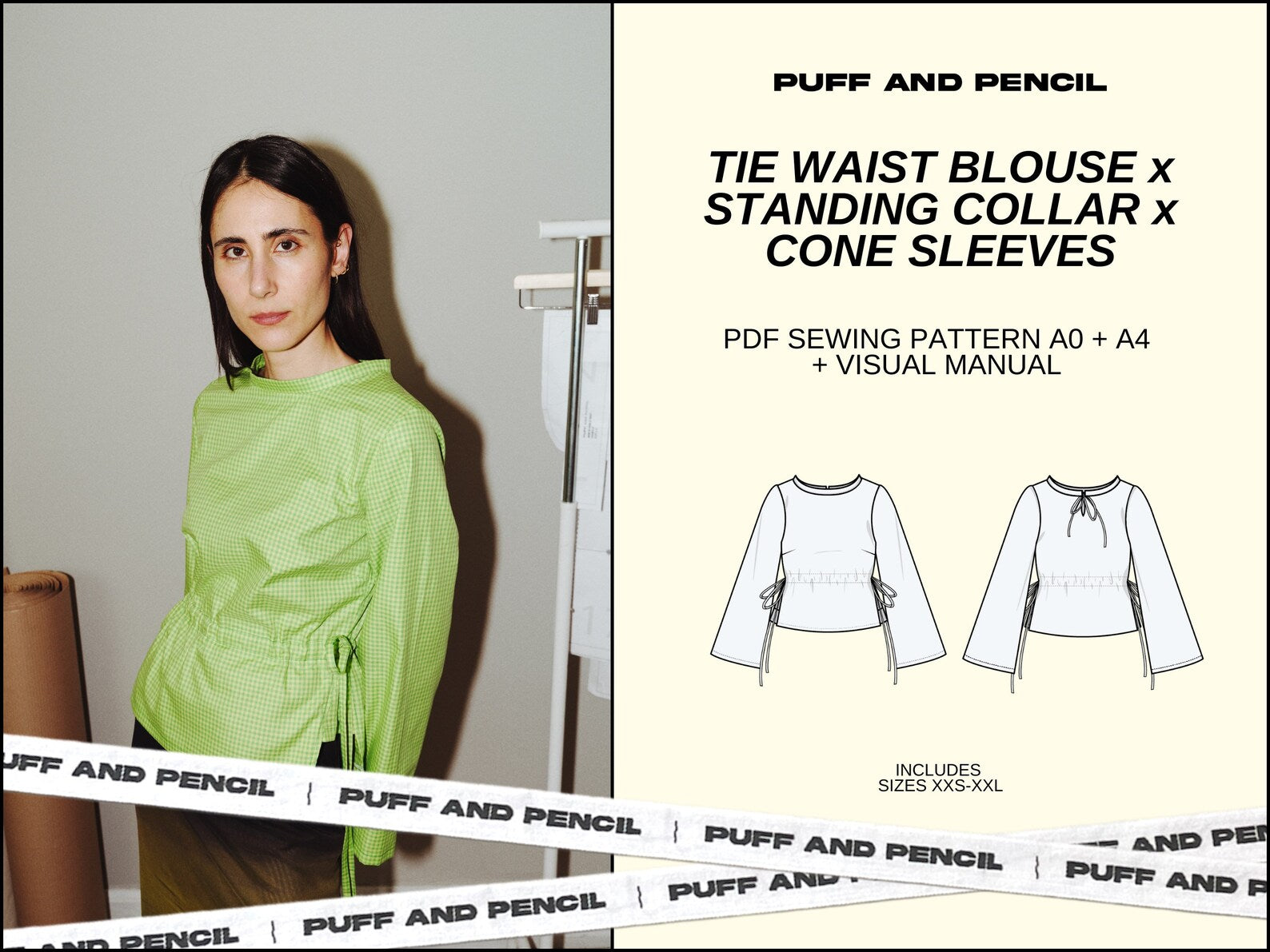Puff and Pencil Tie Waist Blouse, Cone Sleeve & Standing Collar