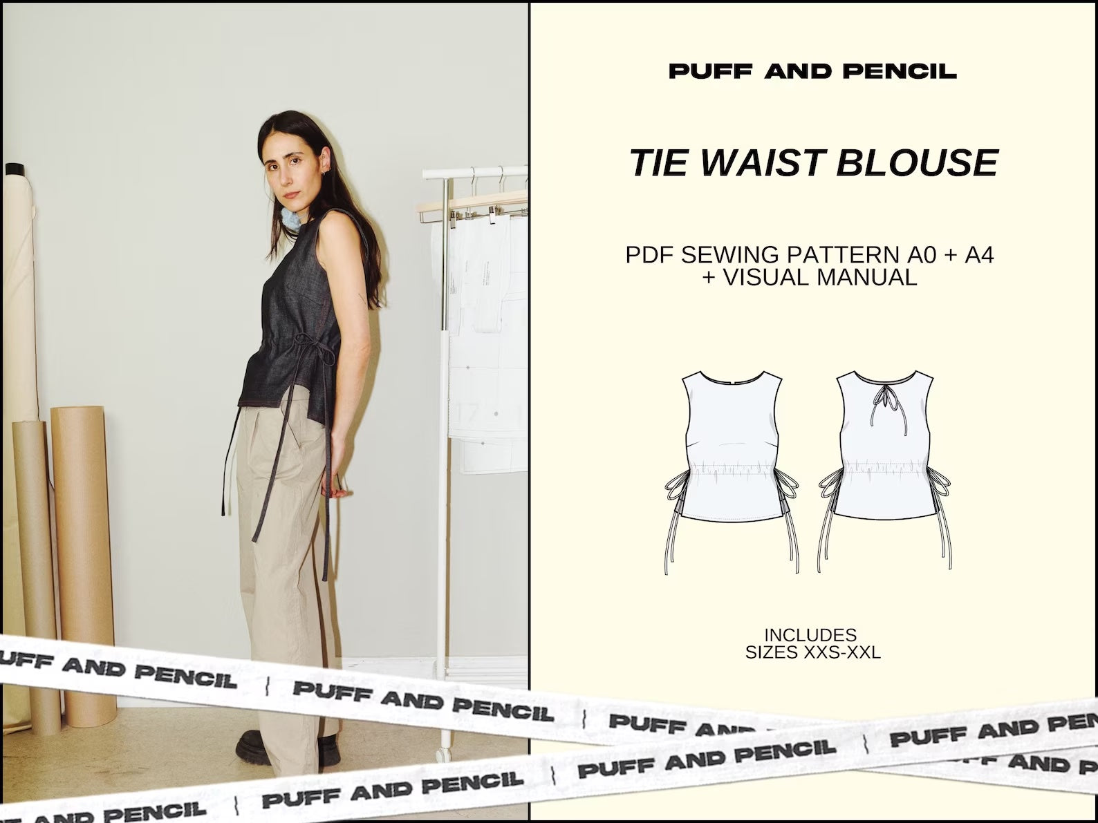 Puff and Pencil Tie Waist Blouse