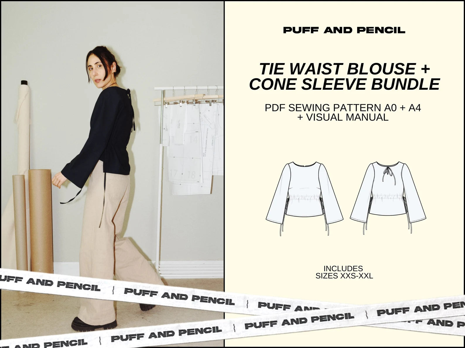 Puff and Pencil Tie Waist Blouse & Cone Sleeve