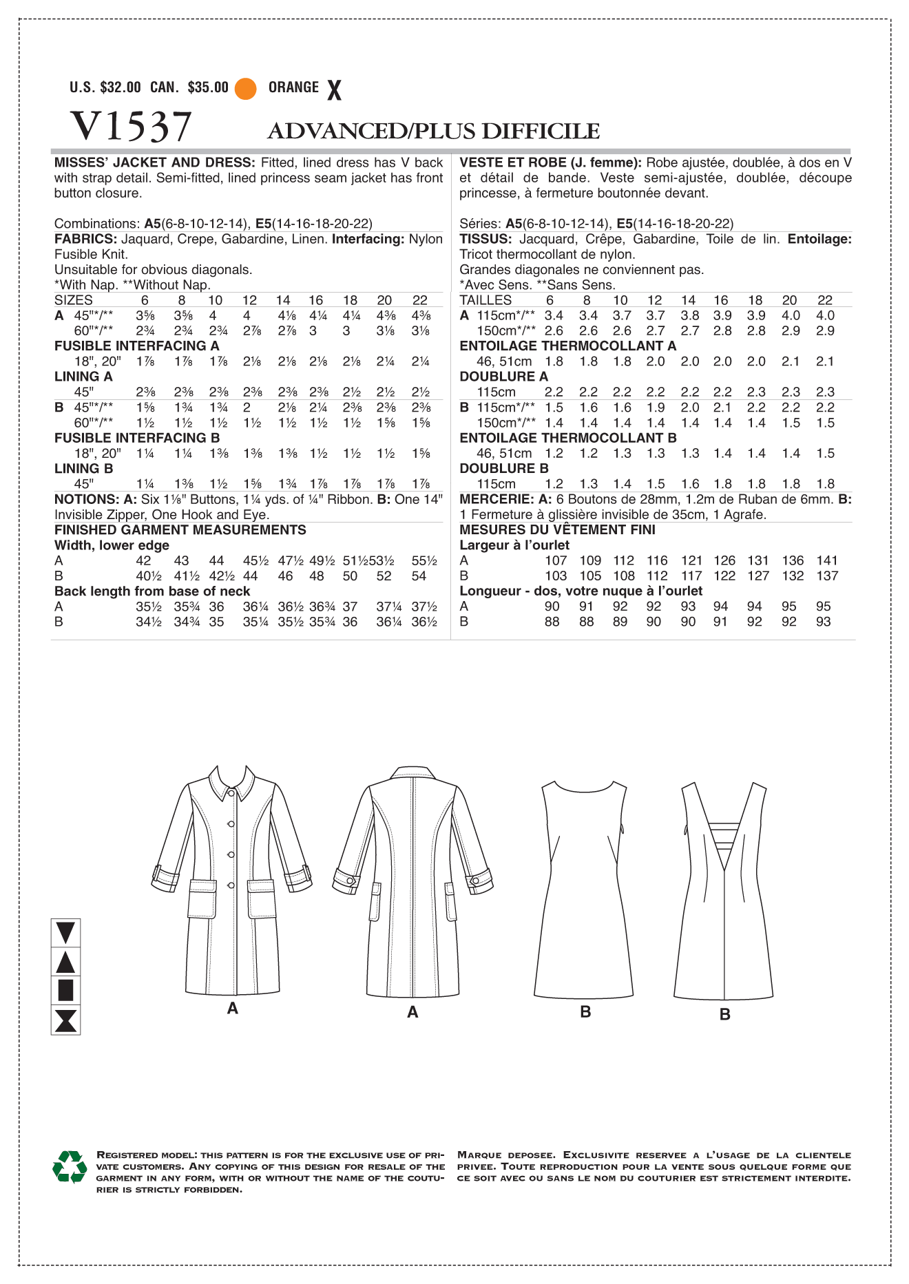 Vogue Jacket/Coat and Dress V1537