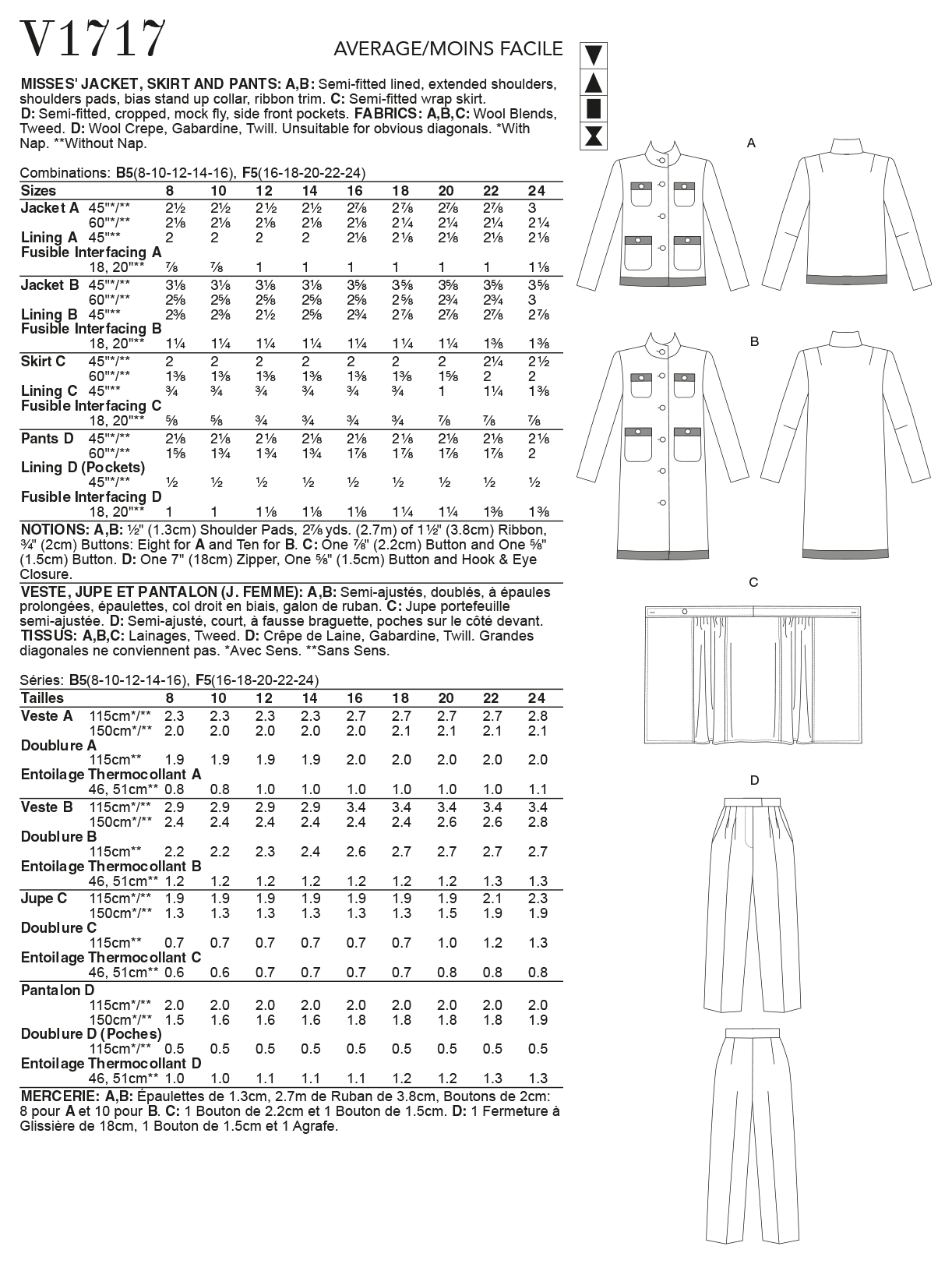 Vogue Jacket, Coat, Trousers and Skirt V1717