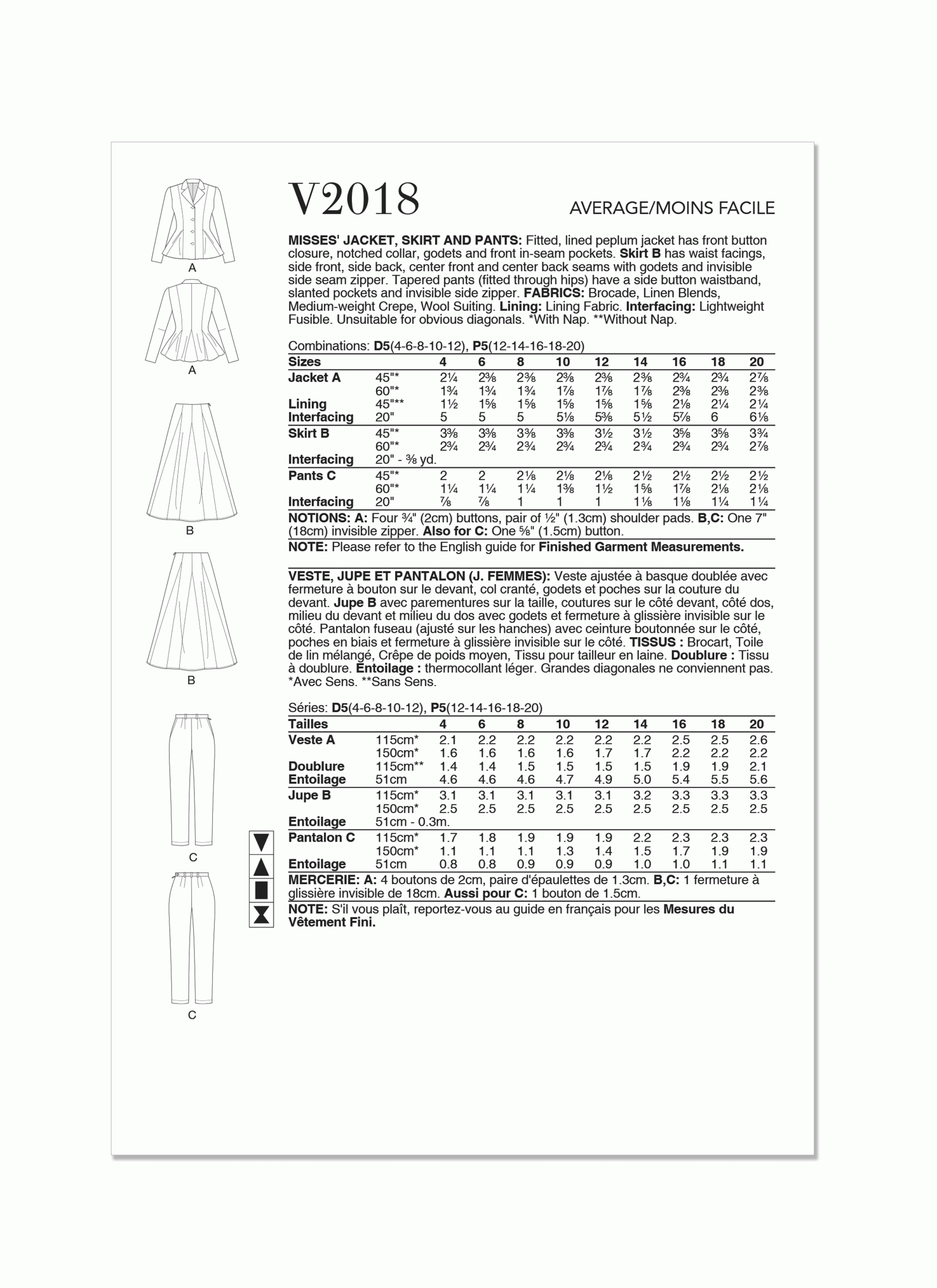 Vogue Jacket, Skirt & Trousers V2018