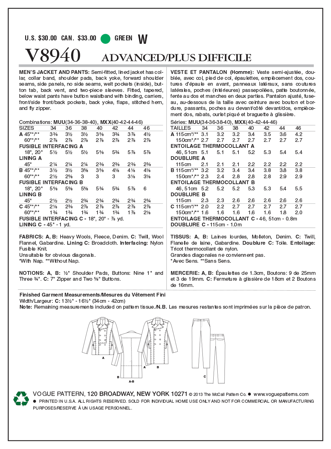 Vogue Men's Jacket and Trousers V8940