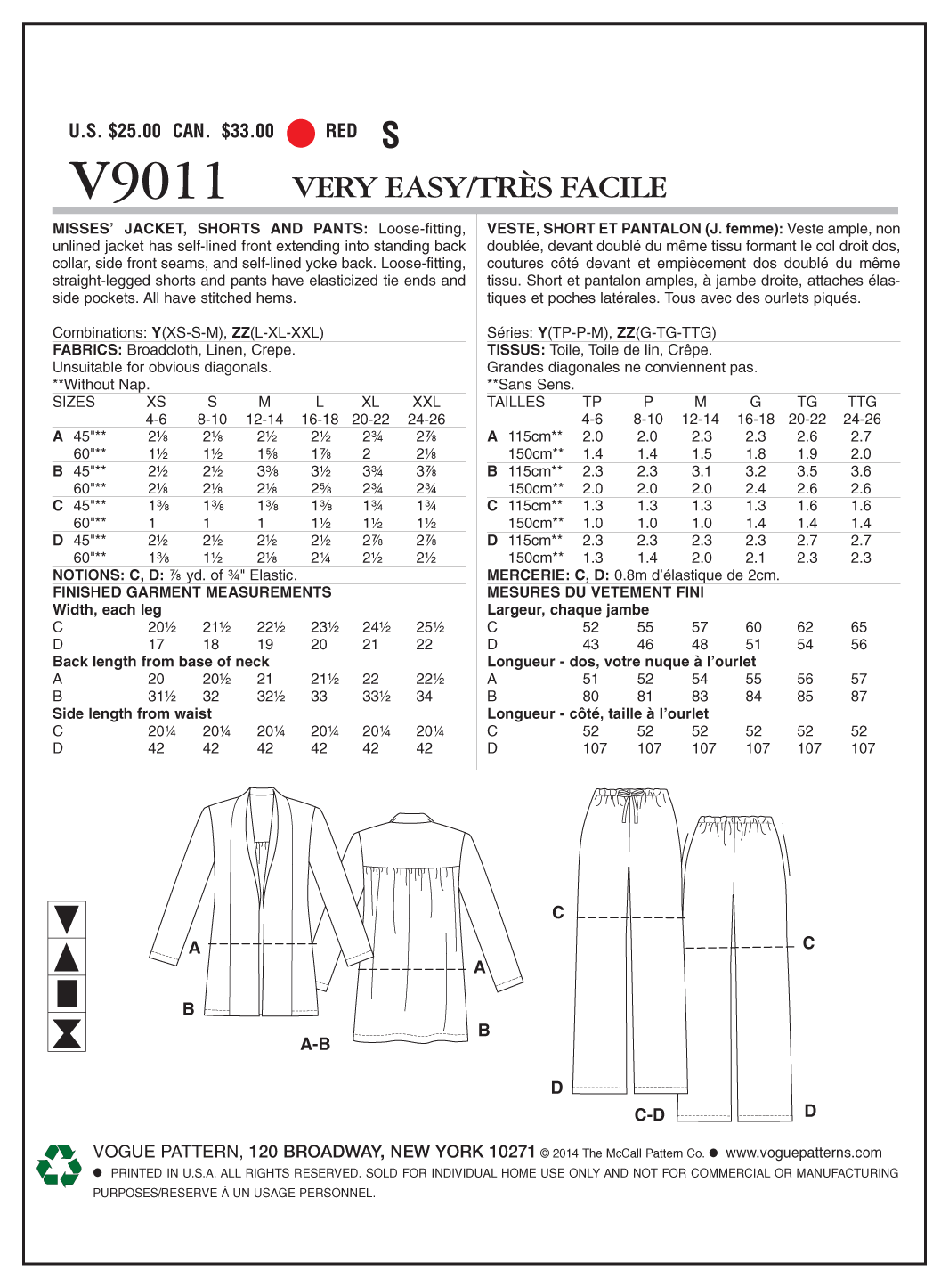 Vogue Jacket, Shorts and Trousers V9011