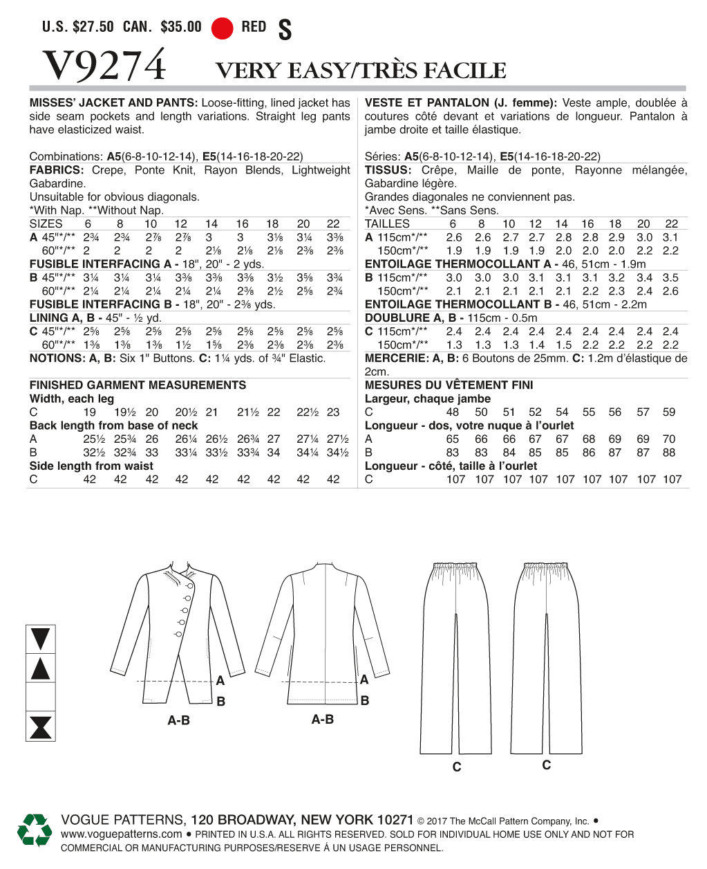 Vogue Jacket and Trousers V9274