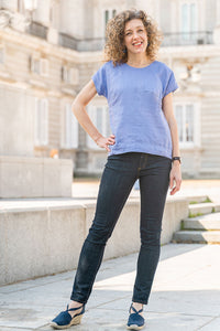 Woman wearing the Verdun Woven T-shirt sewing pattern by Liesl and Co. A T-shirt pattern made in lightweight woven fabrics such as linen, cotton lawn, voile, quilting cotton and rayon fabrics, featuring a relaxed fit, dropped shoulders, scooped neck and s