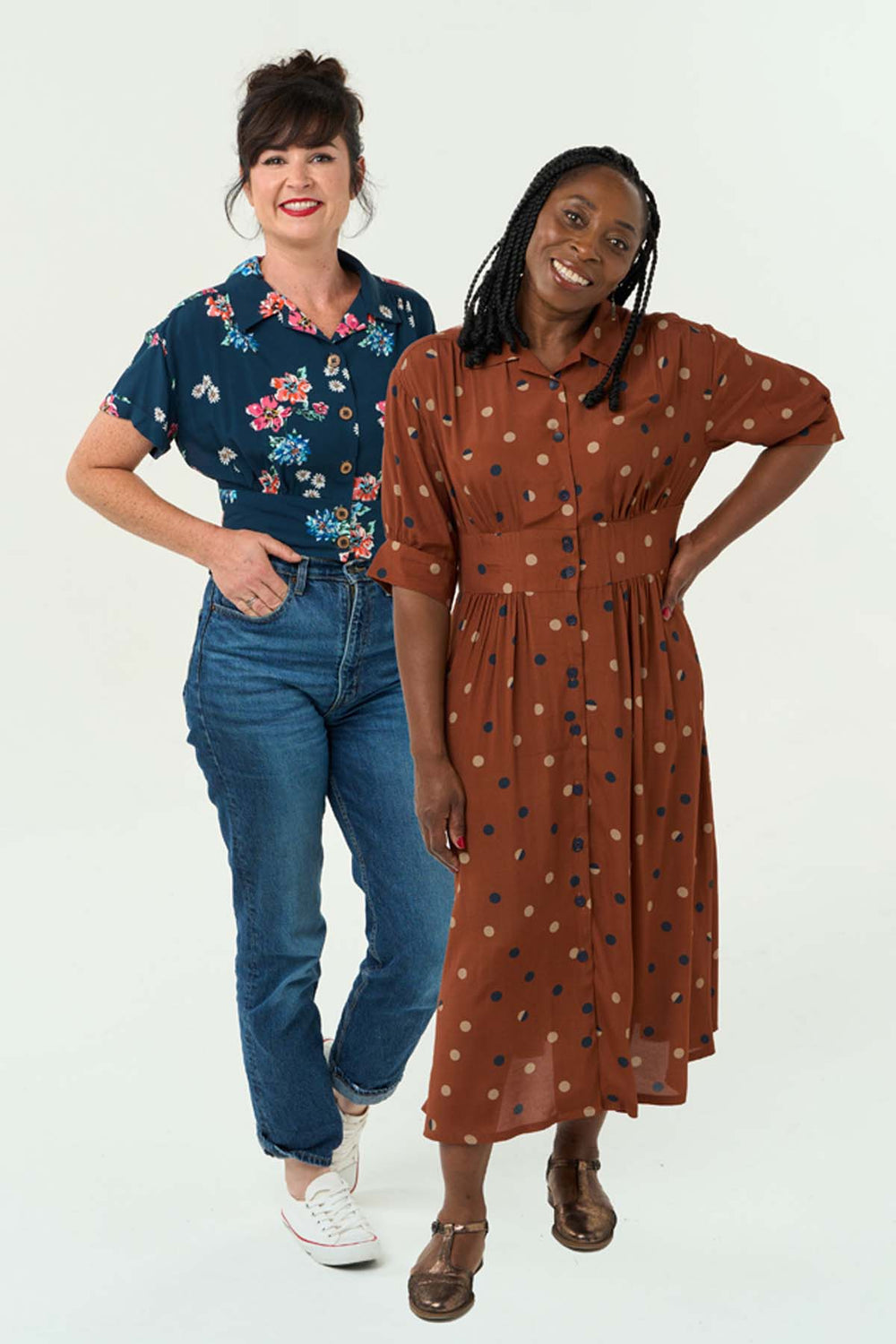 Women wearing the Viola Dress and Blouse sewing pattern from Sew Over It on The Fold Line. A dress and blouse pattern made in cotton, cotton poplin, cotton lawn, cotton sateen, linen or chambray fabrics, featuring a button front closure, flat collar, wais