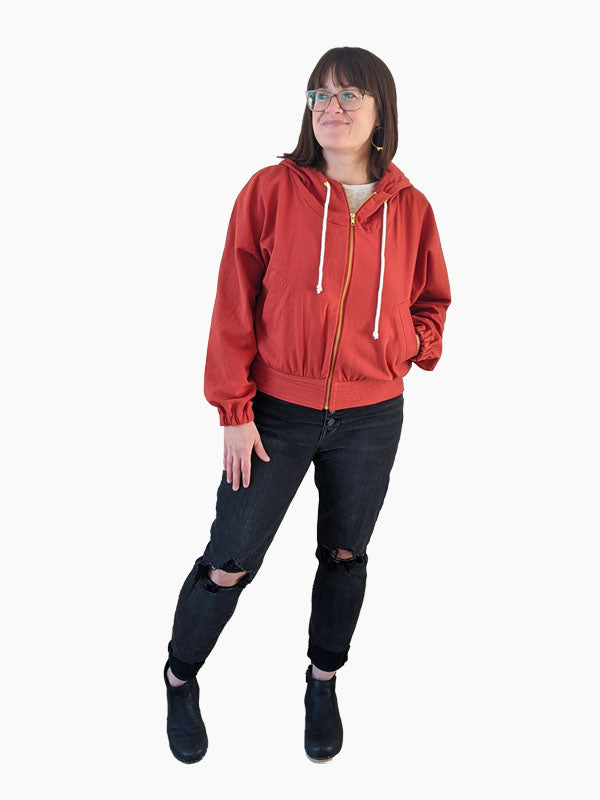Woman wearing the Wheaton Windbreaker sewing pattern from Hey June Handmade on The Fold Line. A jacket pattern made in Tencel twill, rayon linen, flannel, corduroy, twill, cottons, silk, bamboo, or hemp blend fabrics, featuring a cropped length, lightweig