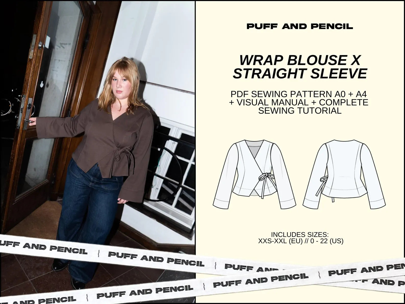 Puff and Pencil Wrap Blouse & Straight Sleeve