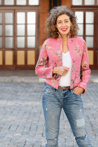 Woman wearing the Yanaka Jacket sewing pattern from Liesl + Co on The Fold Line. A jacket pattern made in denim, canvas, wool coating, jacquard, or brocade fabrics, featuring a semi fit, unlined, slightly cropped, long sleeves, stand-up collar, no closure