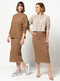 Women wearing the Yoyo Knit Top sewing pattern from Style Arc on The Fold Line. A knit top pattern made in sweater knit, unbrushed fleece, knit jersey, or windcheater fabrics, featuring a boxy fit, crew neckline with V-shaped insert, slightly dropped shou