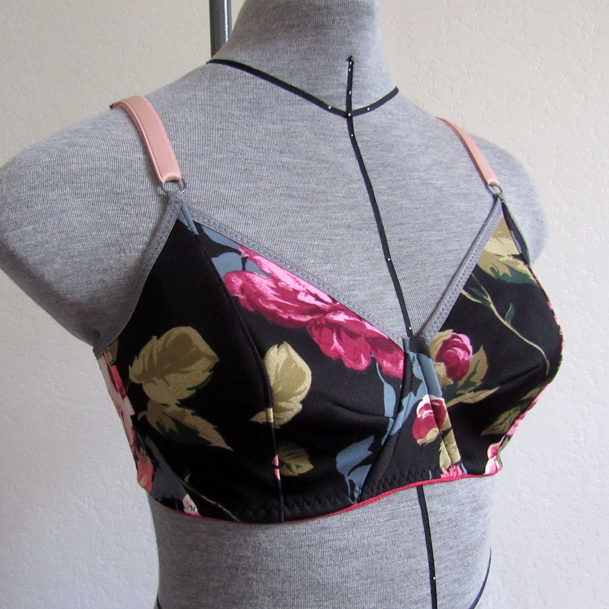 Mannequin wearing the Annika Wireless Mastectomy Bra sewing pattern from Primrose Dawn on The Fold Line. A bra pattern made in duoplex, dazzle tricot, stabilised tricot, sheer cup lining, bra tulle, scuba knit, one-way stretch satin spandex, or 40D tricot