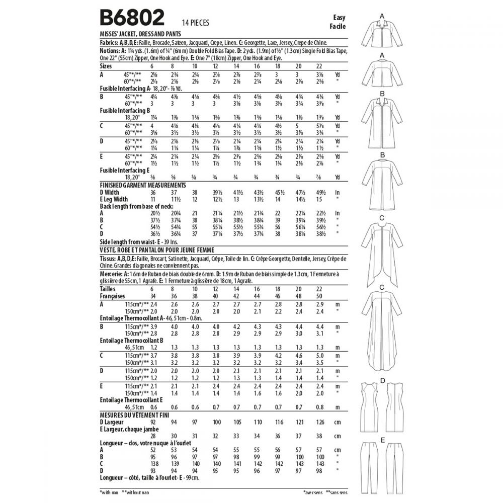 Butterick Jacket, Dress and Trousers B6802