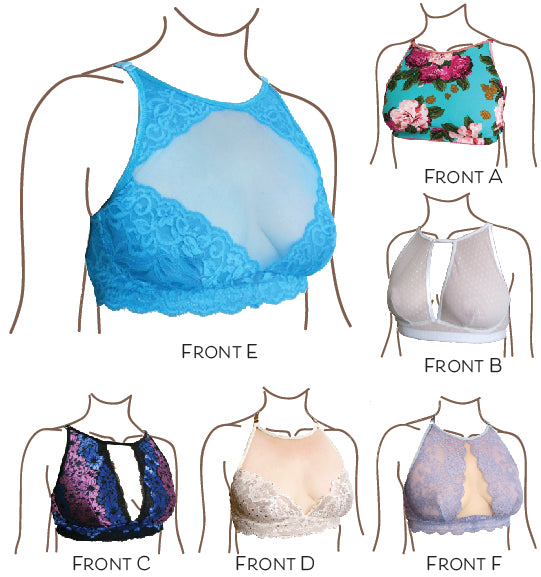 Image showing the 6 Delvine Bralettes sewing pattern by Primrose Dawn. A bra pattern made in tricot, bra tulle, sheer cup lining, nylon tricot, nylon chiffon or dazzle tricot fabrics, featuring a high neck, bust darts, keyhole opening and four different l