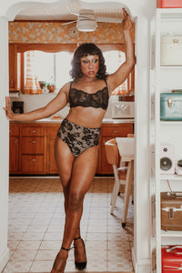 Model wearing the Adrian Transgender Bra and Panty sewing pattern from Madalynne on The Fold Line. A transgender bra and panty pattern made in 8 – 20% spandex fabrics, featuring a bra with a full band, underwire, scalloped lace edges on the upper cups, ho