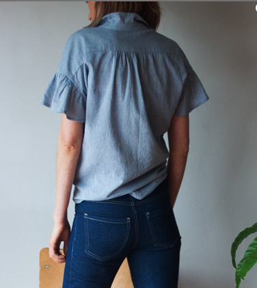 Woman wearing the Morningside Shirt sewing pattern by French Navy. A shirt pattern made in rayon blends, cotton lawn, tencel, rayon challis, or lightweight linen blend fabrics, featuring a boxy cut, narrow collar, concealed placket, slightly dropped shoul