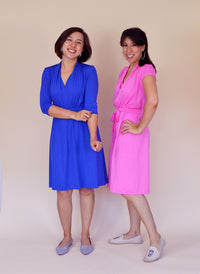 Women wearing the Mayfair Dress sewing pattern from Nina Lee on The Fold Line. A knit dress pattern made in viscose jersey, stretch velvet or soft cotton jerseys fabrics, featuring short or ¾ length sleeves, knee-length finish, relaxed fit with self-fabri