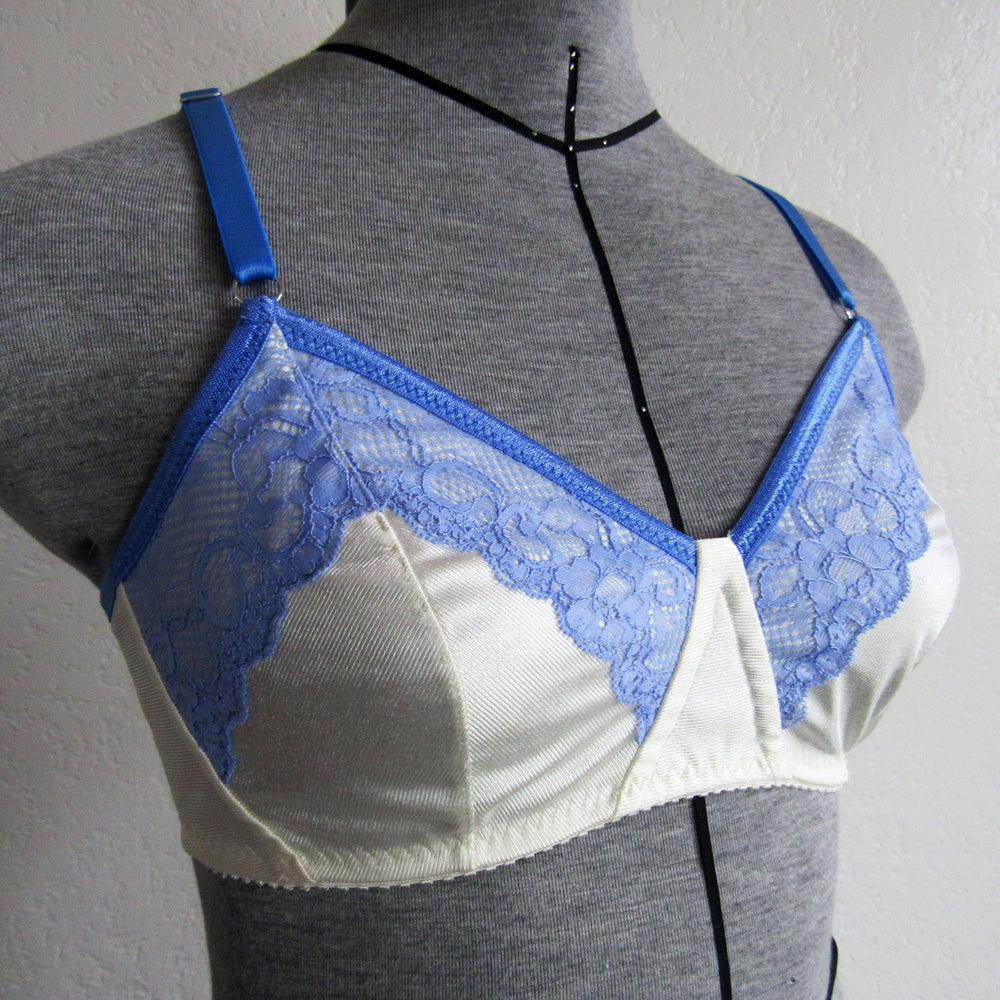 Mannequin wearing the Zenita Wireless Mastectomy Bra sewing pattern from Primrose Dawn on The Fold Line. A bra pattern made in duoplex, dazzle tricot, stabilised tricot, sheer cup lining, bra tulle, scuba knit, one-way stretch satin spandex, or 40D tricot