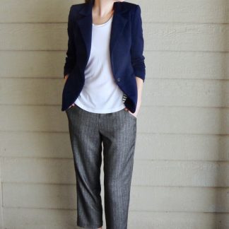 Woman wearing the Coffeehouse Pant sewing pattern by Blue Dot Patterns. A cropped trouser pattern made in crepe, chambray, linen or challis fabrics, featuring an elastic waist, straight legs and side pockets.