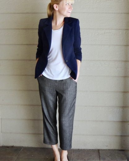 Woman wearing the Coffeehouse Pant sewing pattern by Blue Dot Patterns. A cropped trouser pattern made in crepe, chambray, linen or challis fabrics, featuring an elastic waist, straight legs and side pockets.