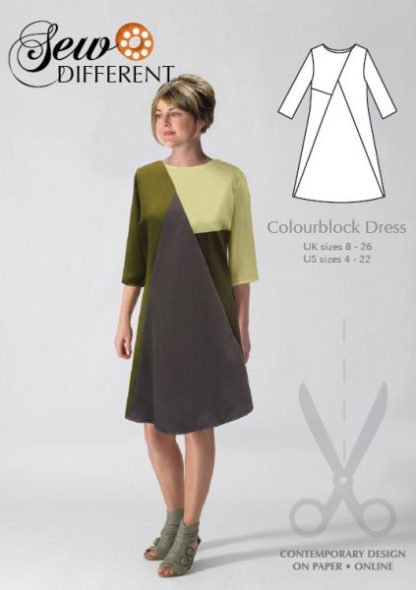 Woman wearing the Colourblock Dress sewing pattern from Sew Different on The Fold Line. An A-line dress pattern made in denim, heavy cottons or scuba fabrics, featuring a round neck, ¾ length sleeves, knee length finish and colourblocked design.