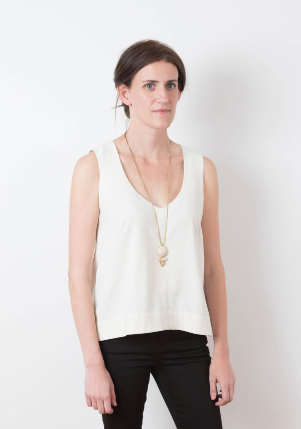 Women wearing the Hadley Top sewing pattern by Grainline Studio. A sleeveless top pattern made in cotton, linen, silk or rayon fabric featuring a deep, soft V-neck.